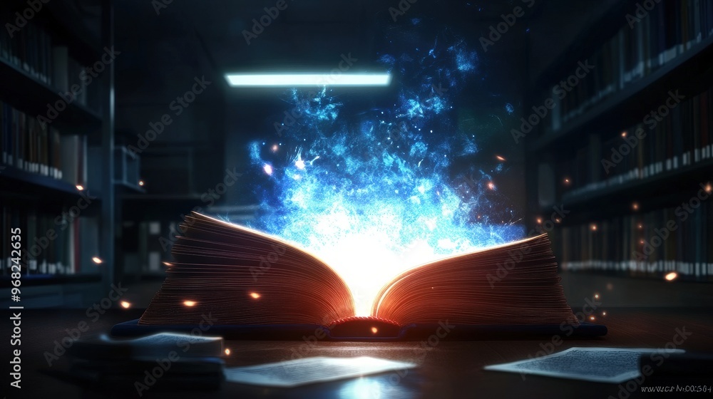 Poster illuminated open book - glowing cover and pages in high resolution photorealistic image