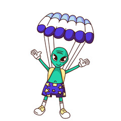 Groovy alien skydiver cartoon character flying with parachute. Funny retro alien landing. Space tourist mascot, sky jump of cartoon funky parachutist sticker of 70s 80s style vector illustration