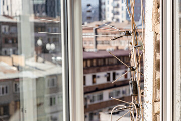 open window and television and radio antennas