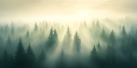Fototapeta premium A foggy forest with sunlight breaking through the mist, creating an ethereal atmosphere with rays of light illuminating the trees.