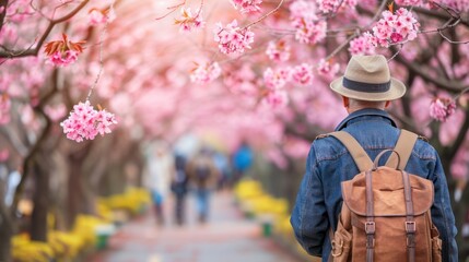 Obraz premium A man wearing a felt hat and carrying a brown backpack surrounded by pink cherry blossoms in a park. View from behind.