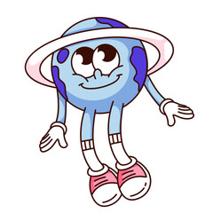 Groovy alien planet cartoon character with ring. Funny retro Saturn or Uranus with sneakers. Space, Solar system mascot, cartoon happy planet with halo sticker of 70s 80s style vector illustration