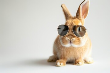 Obraz premium A stylish domestic rabbit wearing sunglasses poses against a clean white background with soft lighting in a minimalist setting