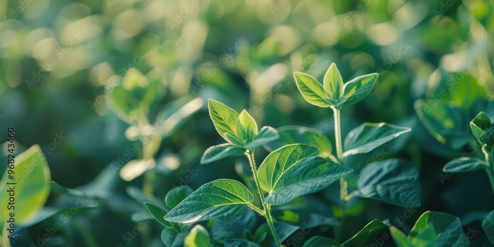 Poster Young green soybean plant leaves in field during active growth Selective focus