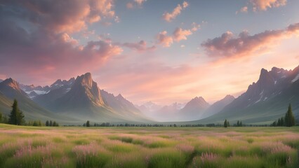 Fototapeta premium A breathtaking view of a valley surrounded by mountains at sunset, with soft pink clouds in the sky and a field of grass and flowers in the foreground.