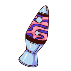Groovy cartoon lava lamp with psychedelic alien space inside. Funny retro glass bottle with pink and purple waves and balls. Toy mascot, lava lamp cartoon sticker of 70s 80s style vector illustration