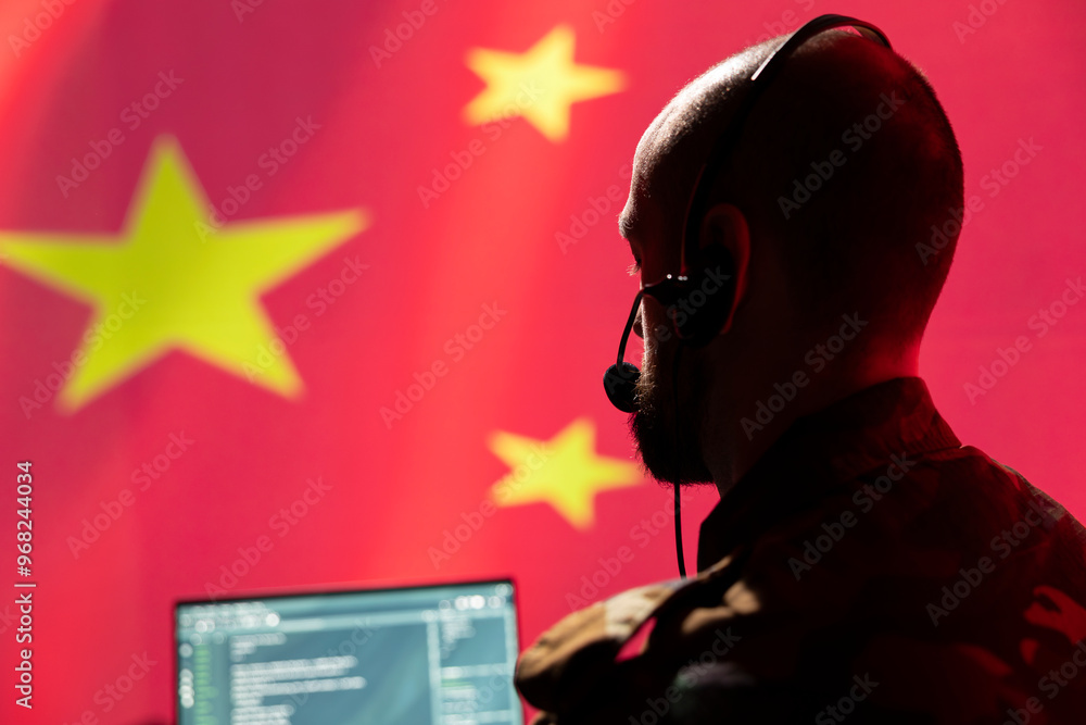 Poster military dispatcher in control center relays information from army intelligence analysts to troops o