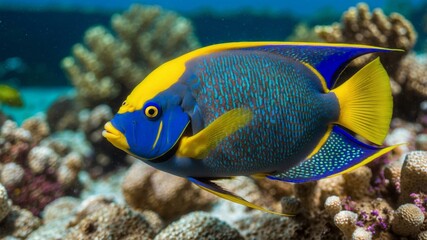 Colorful tropical fish swimming over a coral reef in clear blue ocean water
