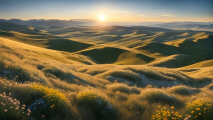 A panoramic view of rolling hills with a sunset in the background.