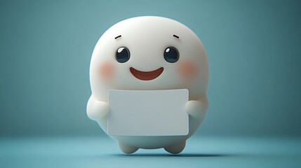 Cute cartoon ghost holding blank sign, isolated on blue background