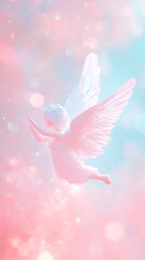 Fototapeta premium Pastel Angel Wings, Abstract Pink and Blue Sky Background, Cute Angel Flying, Watercolor Illustration