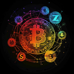A vibrant digital representation of Bitcoin interconnected with a variety of currencies, focusing on the decentralized transfer process. The design showcases global financial connectivity.