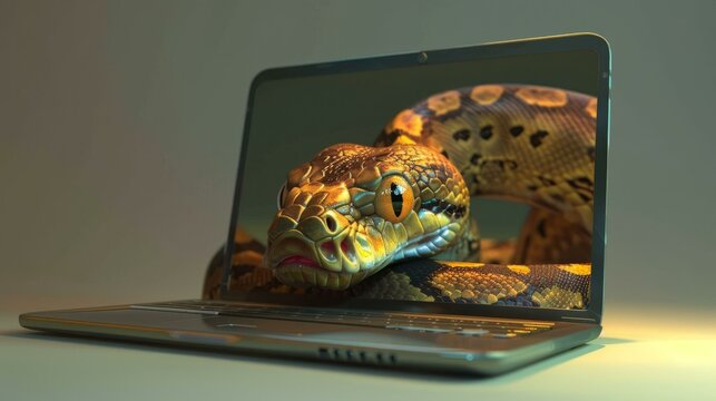 Python programming language symbol with snake emerging from laptop screen for coding and software development concept