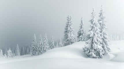 Fototapeta premium Snow covered fluffy spruce trees of varying heights in a winter blizzard landscape snowdrifts banner
