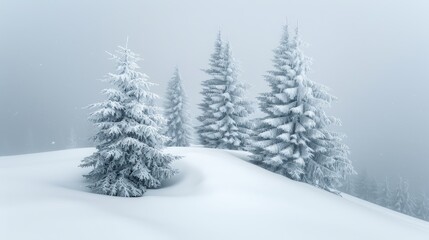 Enchanting snow covered spruce forest amidst winter blizzard with soft white snowdrifts winter landscape banner