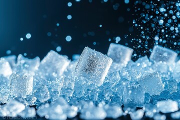 Obraz premium Closeup of Ice Cubes with Water Droplets Falling