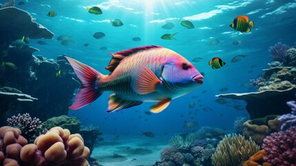 Fototapeta premium Colorful tropical fish swimming among vibrant coral reefs in clear blue ocean waters with sunrays shining through
