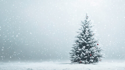 Obraz premium Snowy Christmas Tree with Frosted Branches Decorated in Gold and Silver Ornaments - Classic Holiday Tree in a Minimalist White Background - Merry Christmas