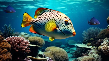 Obraz premium Colorful tropical fish swimming in vibrant coral reef with clear blue water and marine life diversity.