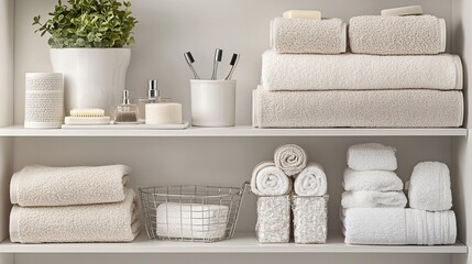 Organized Bathroom Shelf with Folded Towels, Toiletries, and Minimalist Decor