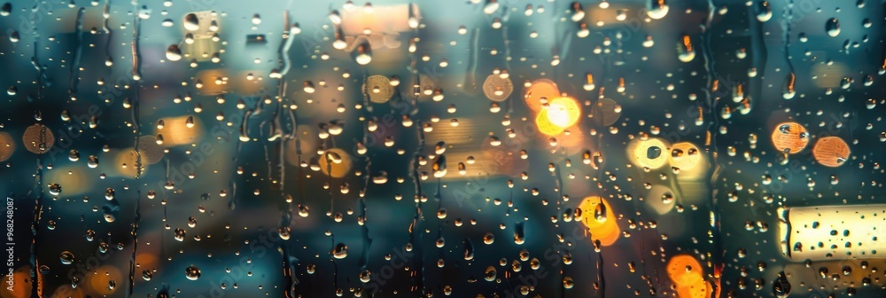 Poster raindrops on a window with an indistinct structure in the distance