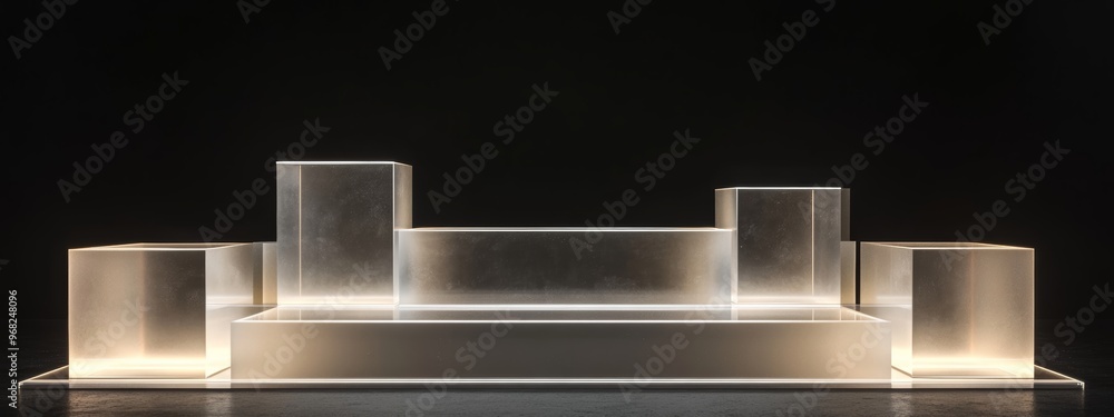 Aufkleber transparent podium with illuminated blocks and warm white lighting against a dark background, creati