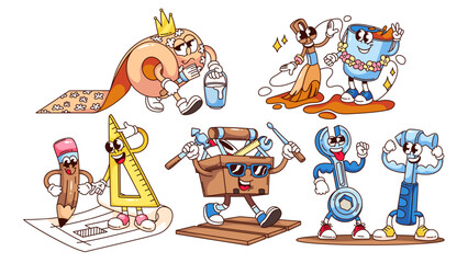 Groovy construction tools cartoon characters set. Funny retro paint and brush, toolbox, wallpaper roll. Construction and home renovation mascots, cartoon stickers of 70s 80s style vector illustration