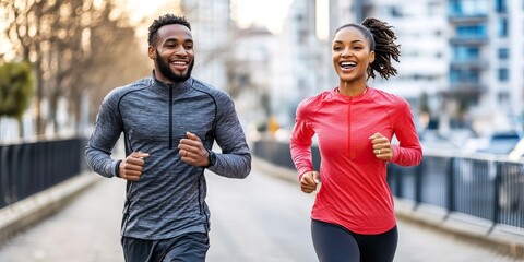 Smiling African American couple jogging together in urban environment, enjoying outdoor fitness activity