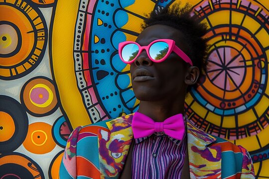 A vibrant, multicolored abstract background with geometric patterns and a man in a vibrant outfit with colorful sunglasses and pink bow tie. - Powered by Adobe