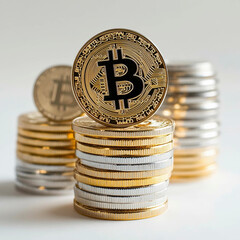 A stack of gold and silver Bitcoins neatly arranged, symbolizing the growing value and diversity of digital currency in the modern financial ecosystem.