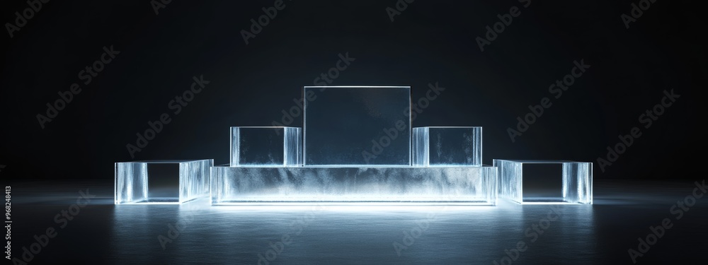 Aufkleber minimalistic podium with transparent blocks and cool white lighting against a dark background, creat