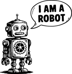 Naklejka premium Vintage Robot Cartoon with Speech Bubble Saying 'I Am a Robot'