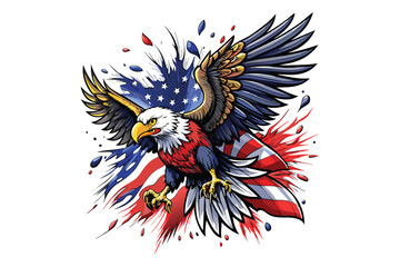 Obraz premium Flying bald eagle with American national flag 2d flat color vector art illustration