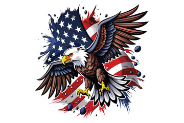 Fototapeta premium Flying bald eagle with American national flag 2d flat color vector art illustration