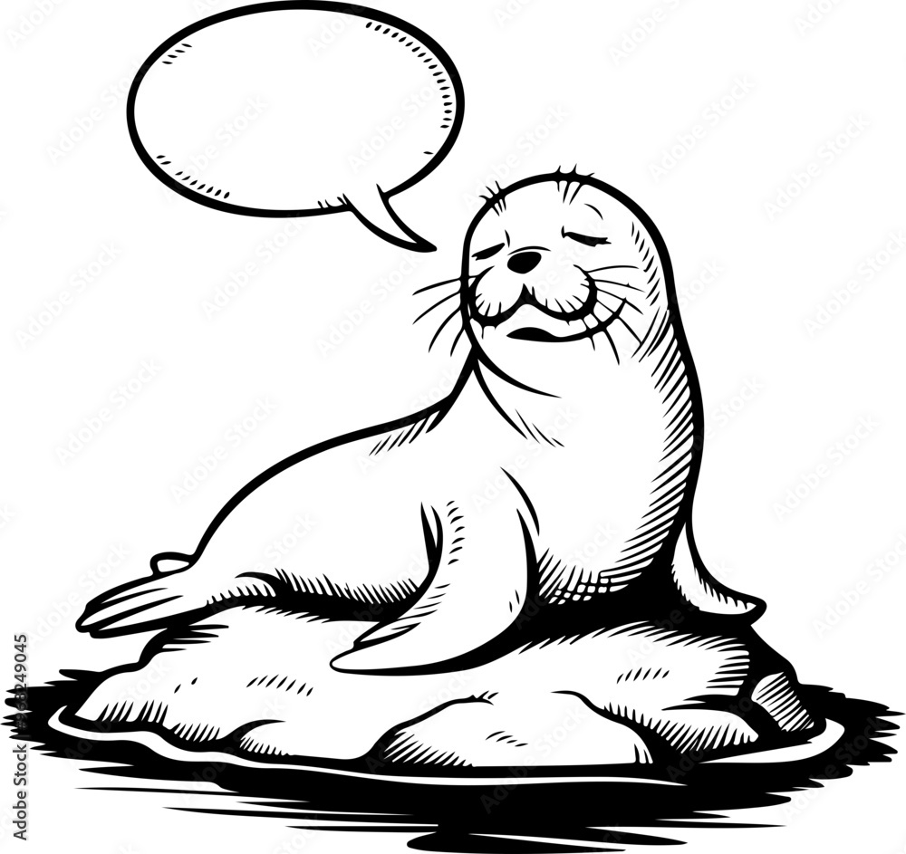 Sticker Cartoon Seal on Rock with Speech Bubble