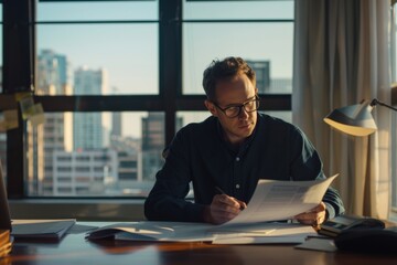 A man with glasses reviews documents at a desk filled with natural light in a spacious office setting