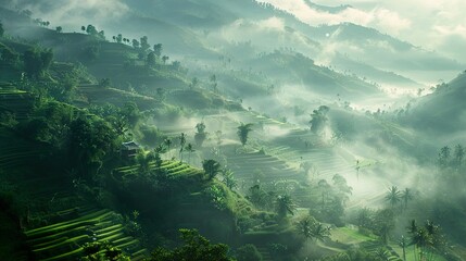 Stunning Green Rice Terraces in Foggy Mountains