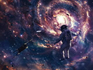 Naklejka premium Astronaut Floating Through a Vibrant Cosmic Portal in Deep Space