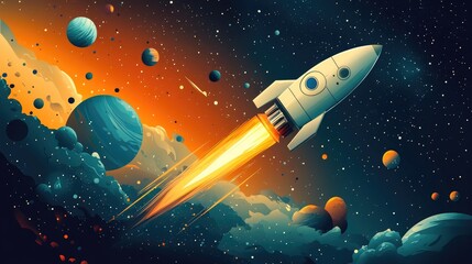 Fototapeta premium Colorful Rocket Launch in Outer Space with Multiple Planets and Stars