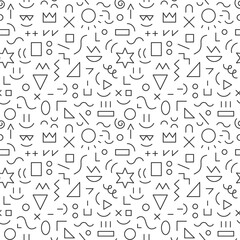 Education creative process abstract seamless pattern line symbols funny faces and geometric shapes
