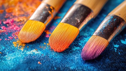 Fototapeta premium Close-Up of Vibrant Paintbrushes with Colorful Paint Strokes on Canvas