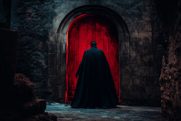 Naklejka premium Dracula conjures powerful magical defenses in his eerie castle chamber at twilight