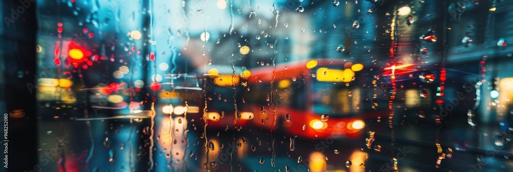 Poster raindrops on a bus window capturing reflections of nighttime vehicles and buildings in soft focus.