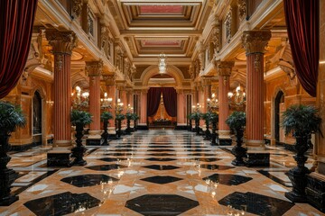 Obraz premium Ornate Hallway with Gold Accents and Marble Flooring