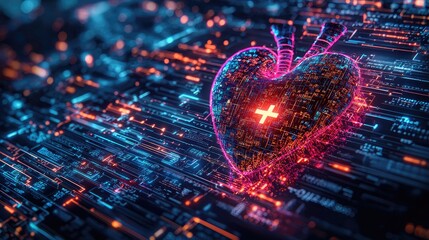 futuristic medical research or heart cardiology health care with diagnosis vitals infographic biometrics for clinical and hospital stethoscope and catheter services as wide banner with copy space area