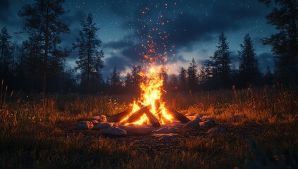 Campfire Under a Starry Night