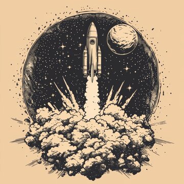 recommend clip art: An illustration for covers, cards, postcards, interior design, banners, posters, brochures, or presentations. Rocket flight in open space surrounded by stars.