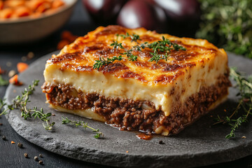 Indulge in a hearty traditional Greek moussaka layered with flavorful beef mince and creamy bechamel sauce, perfect for a comforting meal
