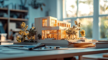 A beautiful architectural model on a table, showcasing modern design with warm lighting, surrounded by plants and creative tools.
