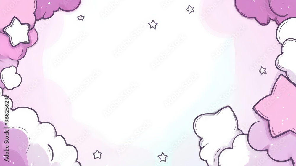 Poster a whimsical frame background adorned with cute stars and fluffy clouds. the frame is designed in sof